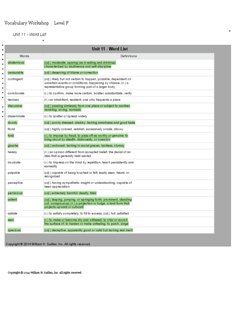 Vocabulary Workshop Level F Pdf Cognitive Science