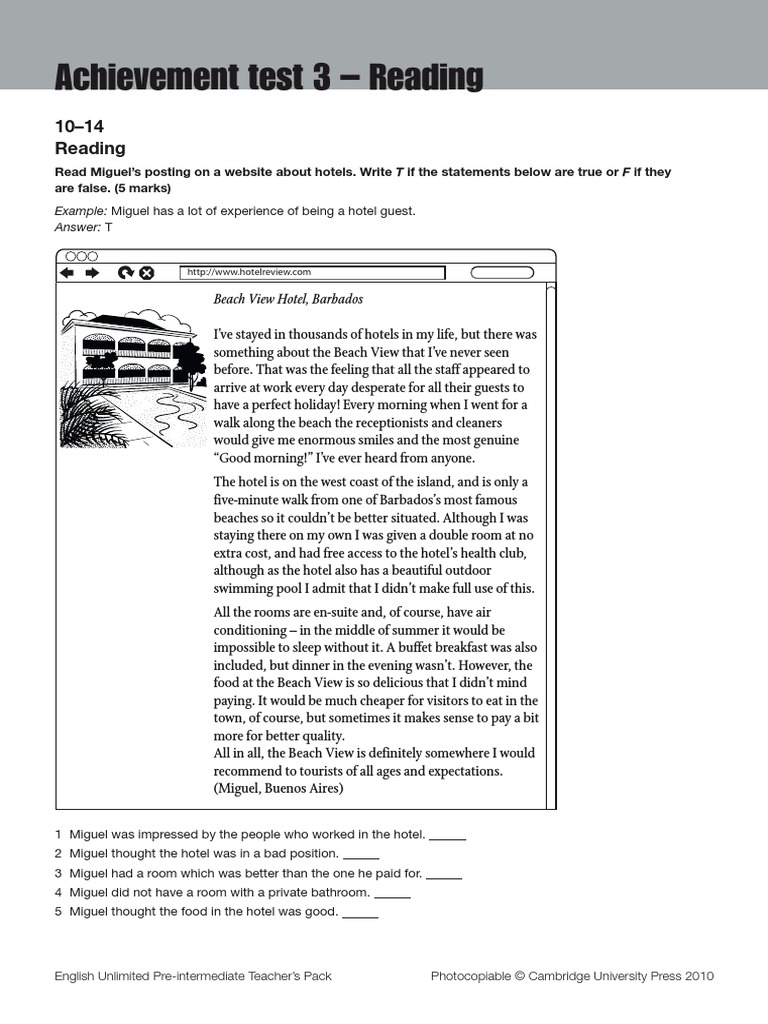 Achievement Test 3 Reading | PDF | Hotel | Hotel And Accommodation