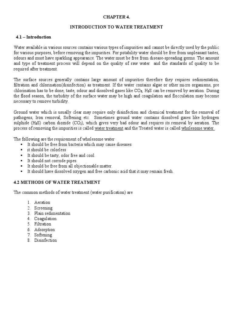 Chapter 4 INTRODUCTION TO WATER TREATMENT PDF Water Purification