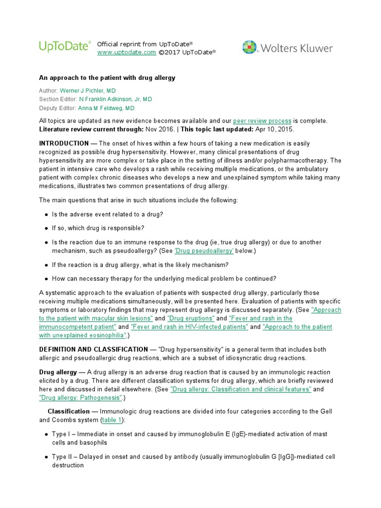 An Approach To The Patient With Drug Allergy UpToDate PDF Allergy