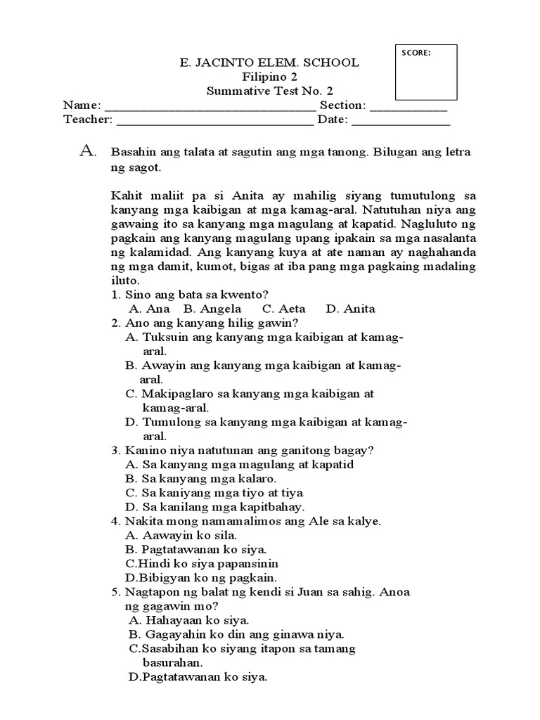 Filipino Summative Test No 2 Melc Pdf