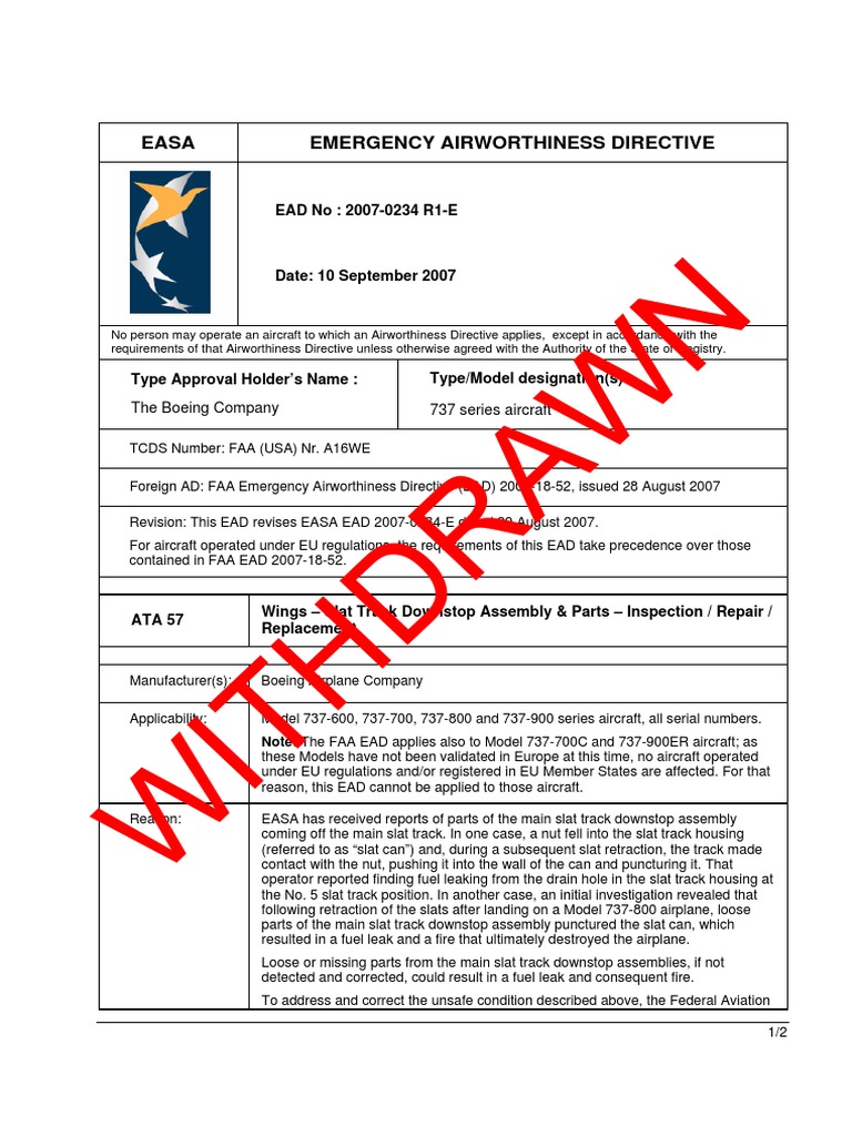 Withdrawn Easa Emergency Airworthiness Directive PDF Federal