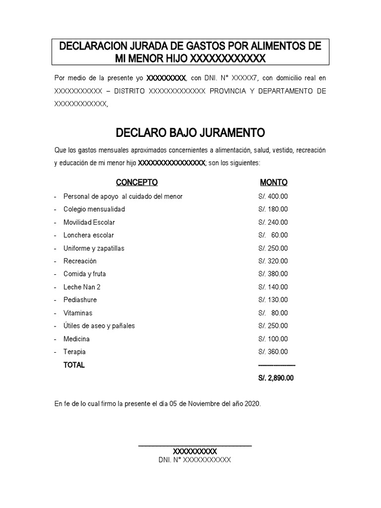 Declaración jurada de los gastos mensuales aproximados para la ...