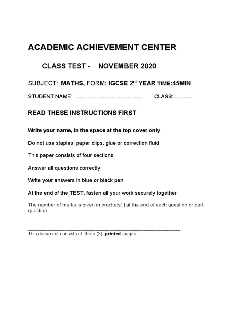 Academic Achievement Center: Class Test - November 2020 | PDF ...