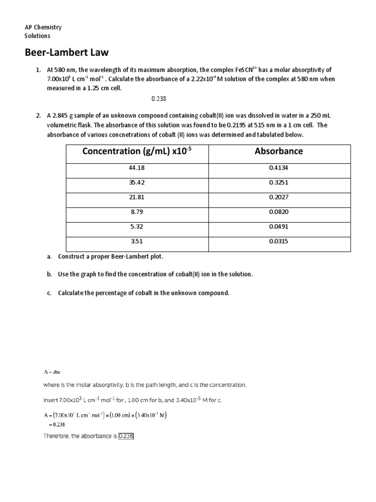 BeerLambert Law Concentration (G/ML) x10 Absorbance PDF