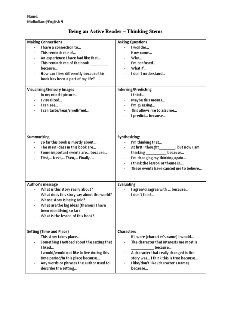Being An Active Reader Thinking Stems Making Connections Asking