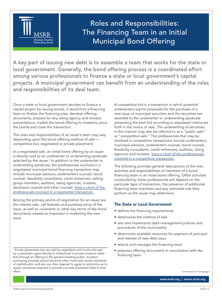 Roles and Responsibilities The Financing Team in An Initial Municipal