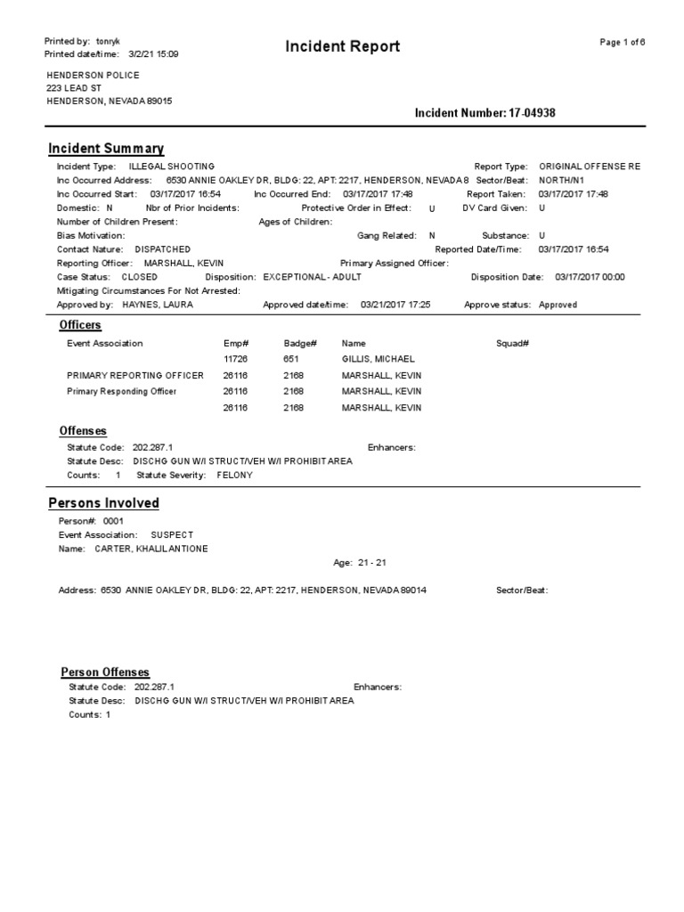 Henderson Illegal Shooting Incident Report | PDF | Fingerprint | Crime ...