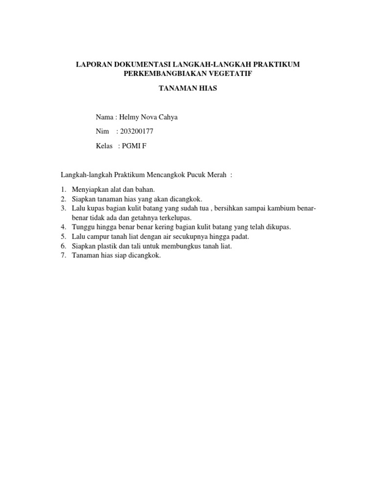 Laporan Praktikum Perkembangbiakan Vegetatif (Helmy Nova Cahya