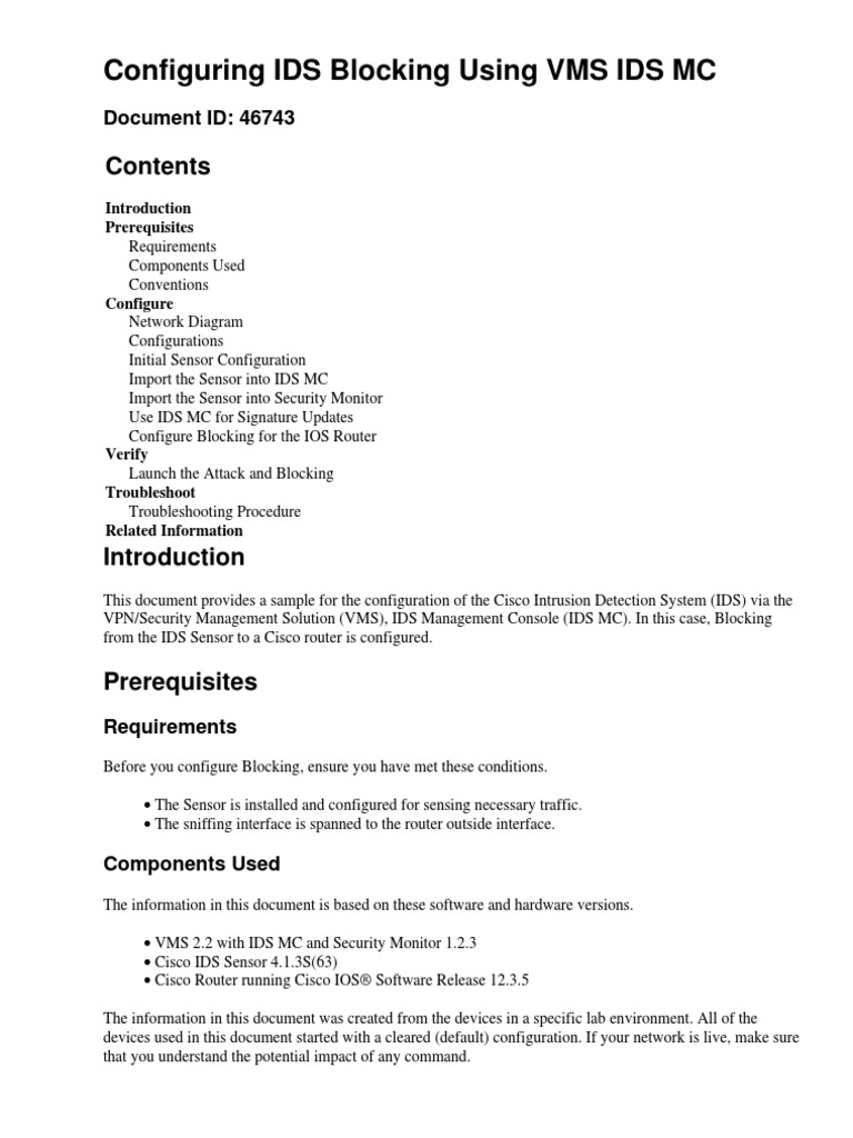 Configuring IDS Blocking Using VMS IDS MC: Document ID: 46743 | PDF ...