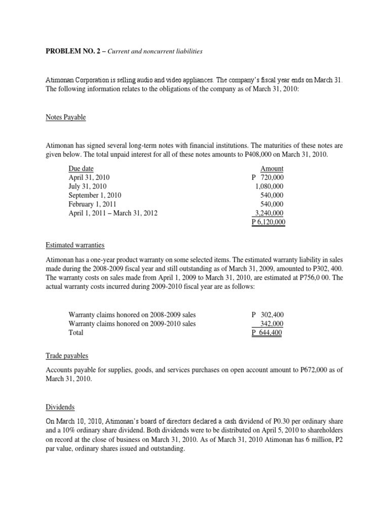 PROBLEM NO. 2 - Current and Noncurrent Liabilities | PDF | Dividend ...