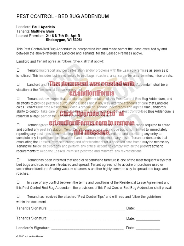 Free Bed Bug Lease Addendum Form PDF Word