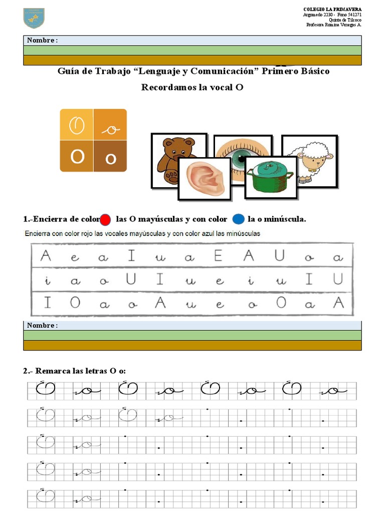 Actividades con la Vocal O para 1° Básico | PDF