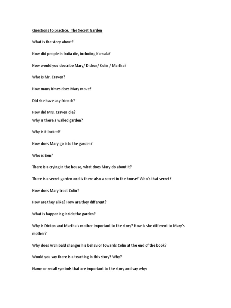 The Secret Garden Questions To Practice (English Students) PDF