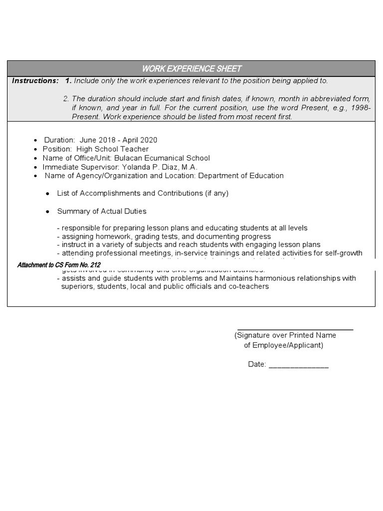 CS Form No. 212 Attachment Work Experience Sheet | PDF