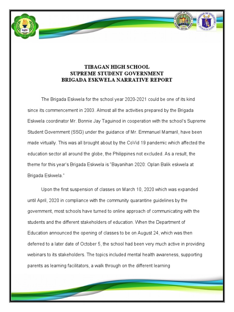 Ssg Brigada Eskwela Narrative Report Pdf Teachers Human Nature