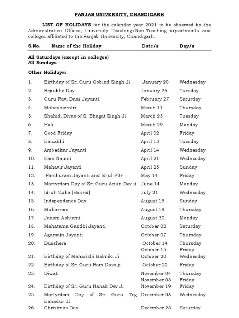 Panjab University, Chandigarh LIST OF HOLIDAYS For The Calendar Year