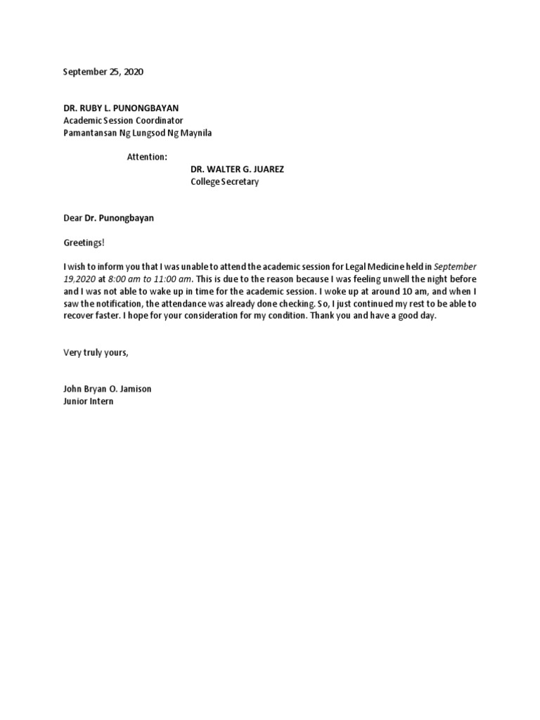 Bryan Jamison Letter For Missed Academic Session | PDF | Self ...