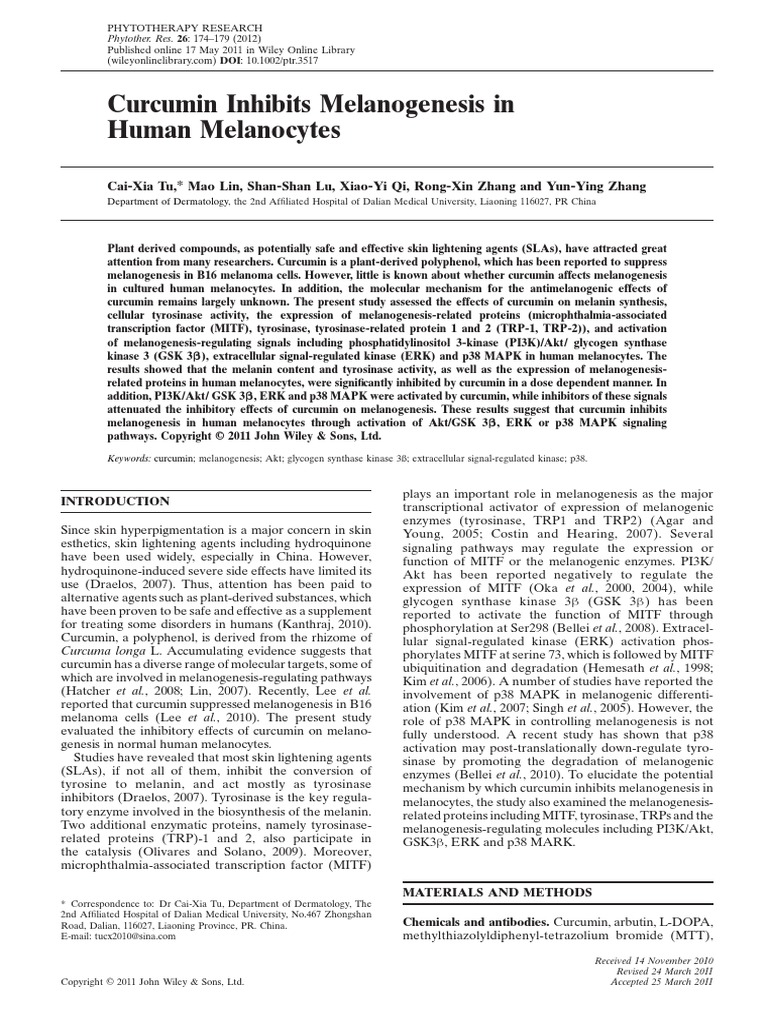 Curcumin Inhibits Melanogenesis in Human Melanocytes Department of Dermatology PDF Protein