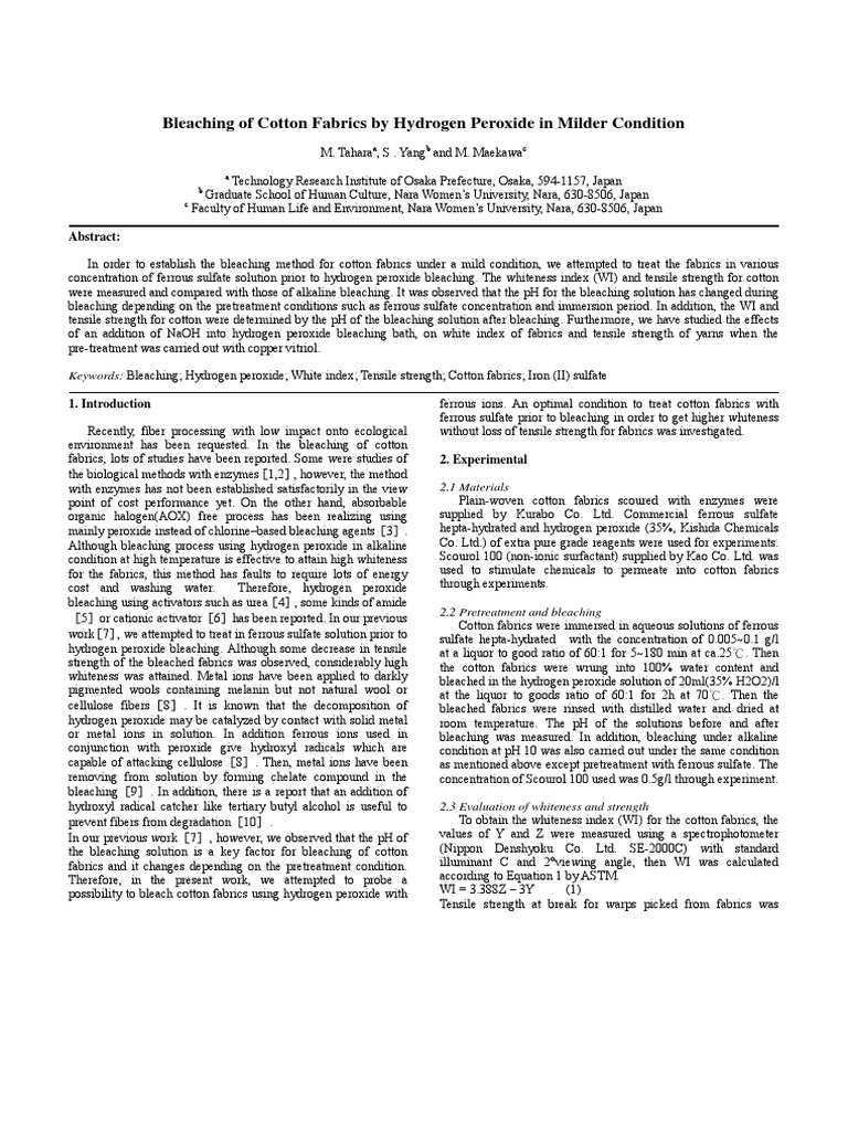 Bleaching of Cotton Fabrics by Hydrogen Peroxide in Milder Condition