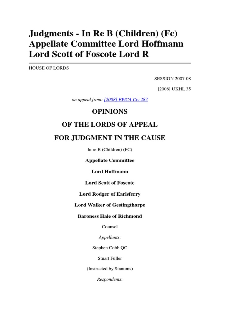 House of Lords Judgment: In Re B (Children) | PDF | Burden Of Proof ...