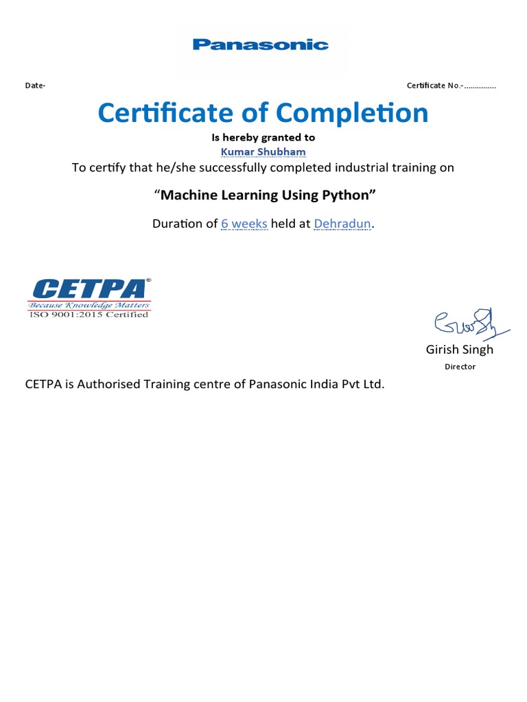 Certificate of Completion: "Machine Learning Using Python" | PDF
