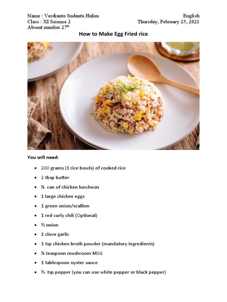 Egg Fried Rice Recipe Procedure | PDF | Scallion | Garlic