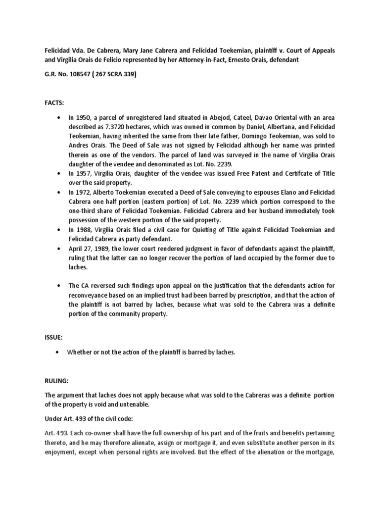 Land dispute barred by laches despite sale of definite portion PDF Concurrent Estate Civil