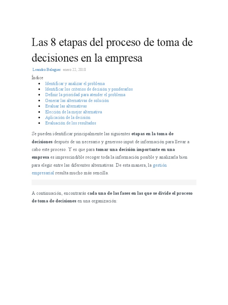 8 Etapas en la Toma de Decisiones Empresariales | PDF | Toma de ...