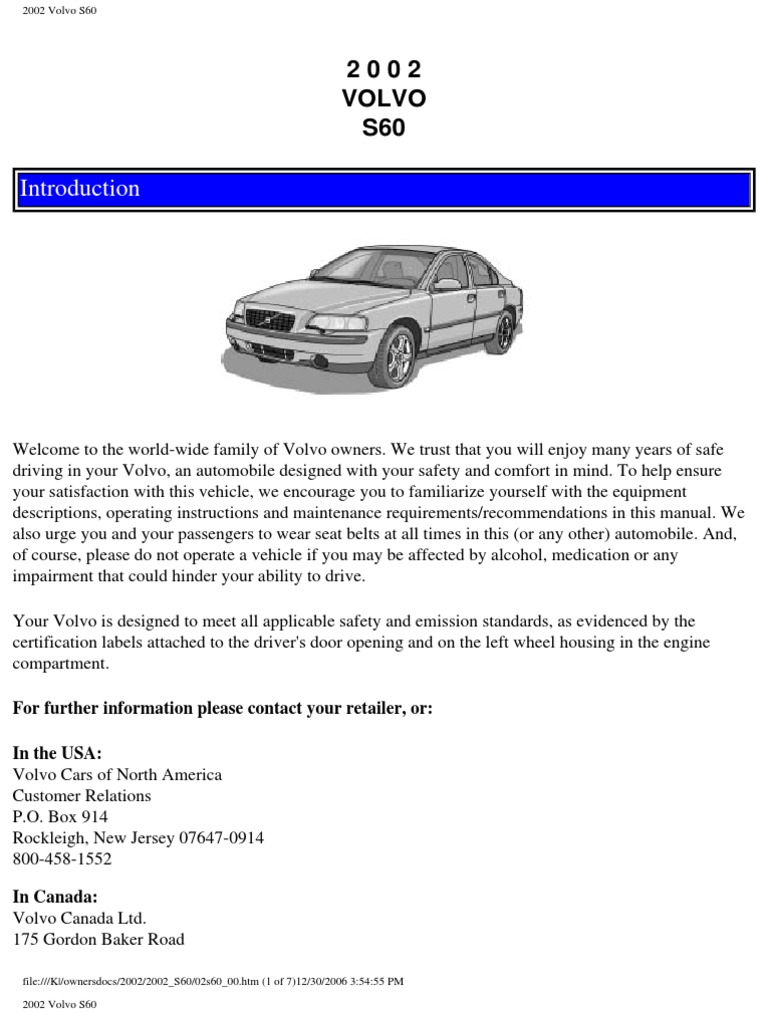 Volvo s60 Owners Manual 2002 PDF Airbag Seat Belt