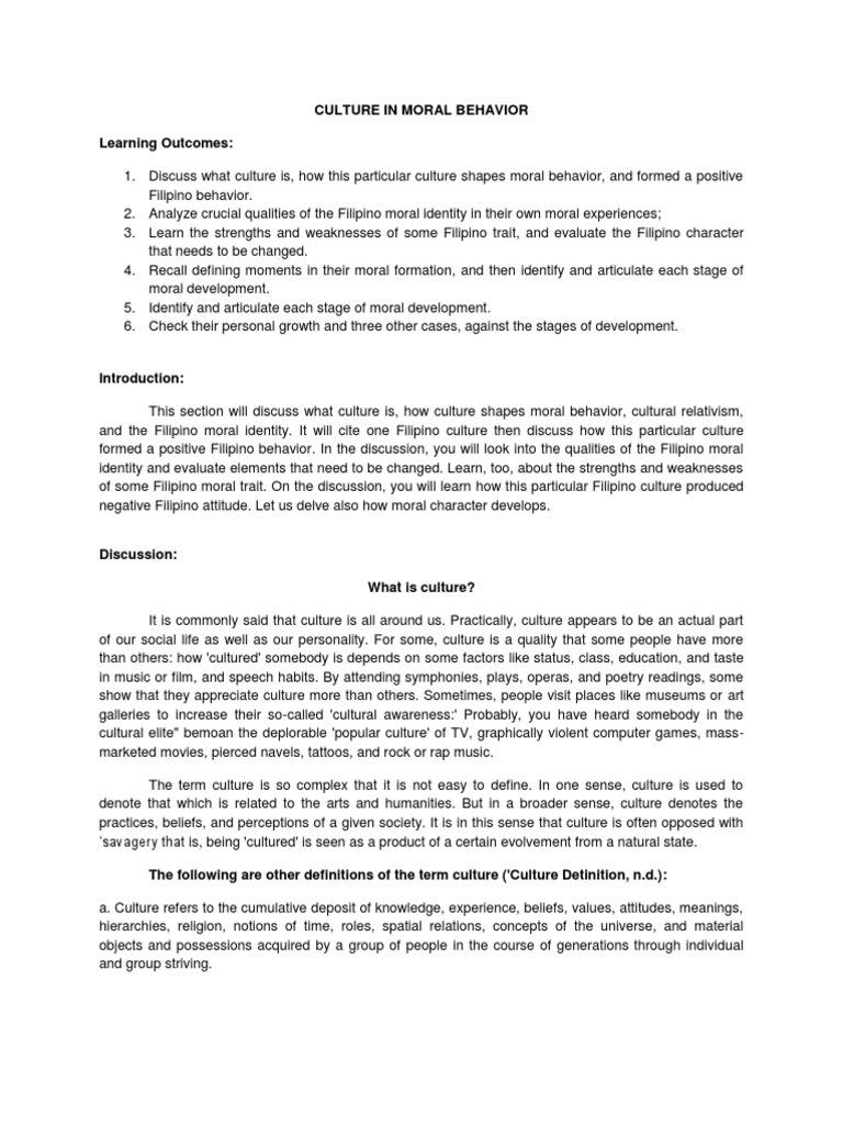 Culture in Moral Behavior Learning Outcomes | PDF | Morality | Metaphysics