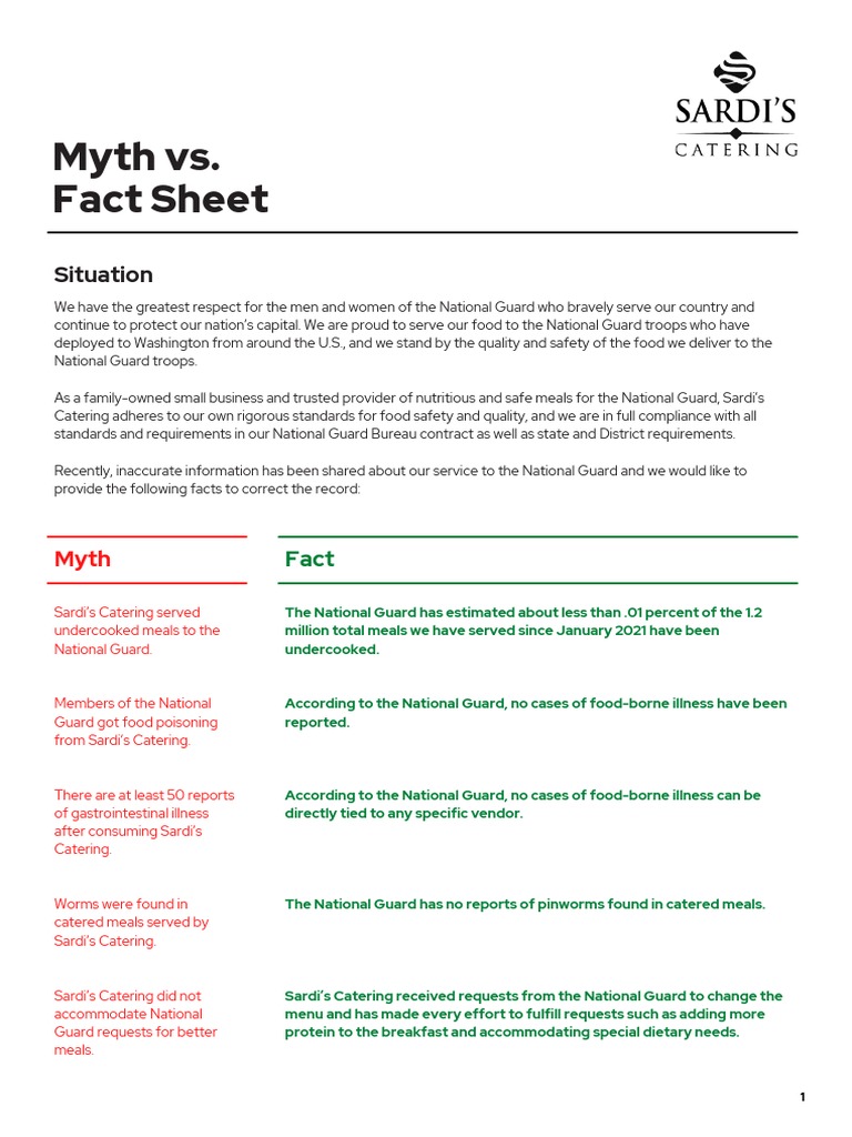 Sardi's Catering Myth Vs Fact Sheet PDF Foodborne Illness Foods