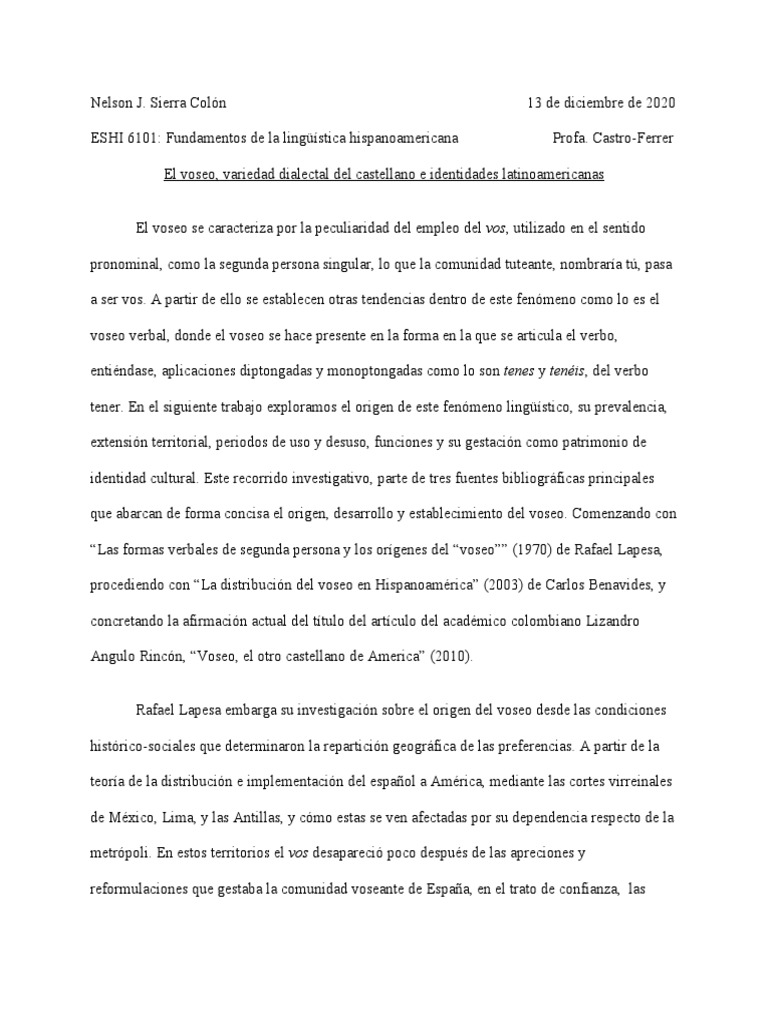 NJSC El Voseo, Variedad Dialectal Del Castellano e Identidades