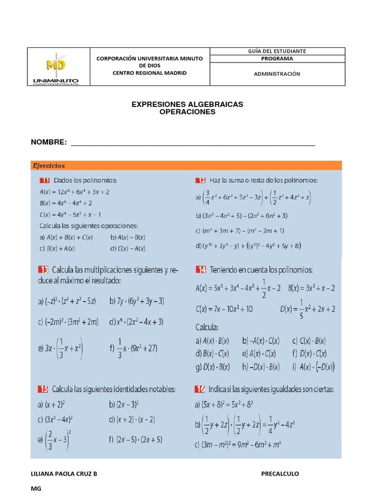 Taller Expresiones Algebraicas | PDF | Negocios | Finanzas y dinero