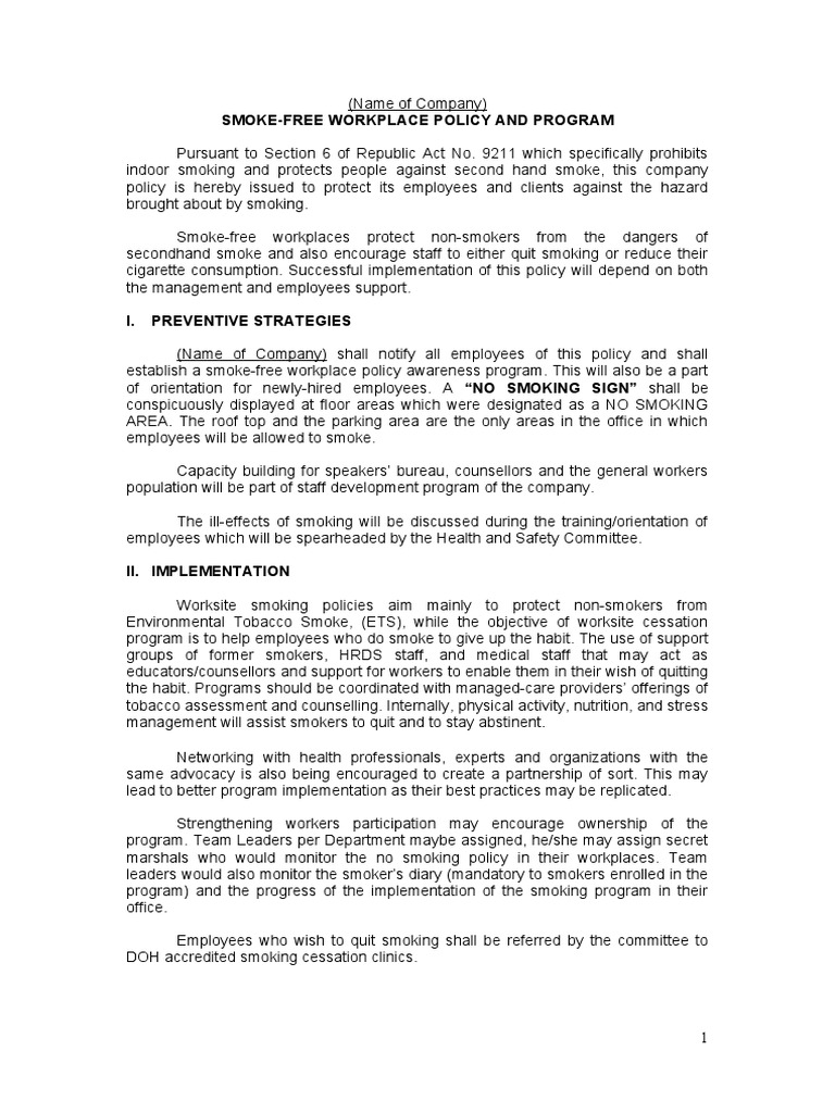 tobacco free workplace policy examples Smoke-Free Workplace Policy Template | PDF | Smoking