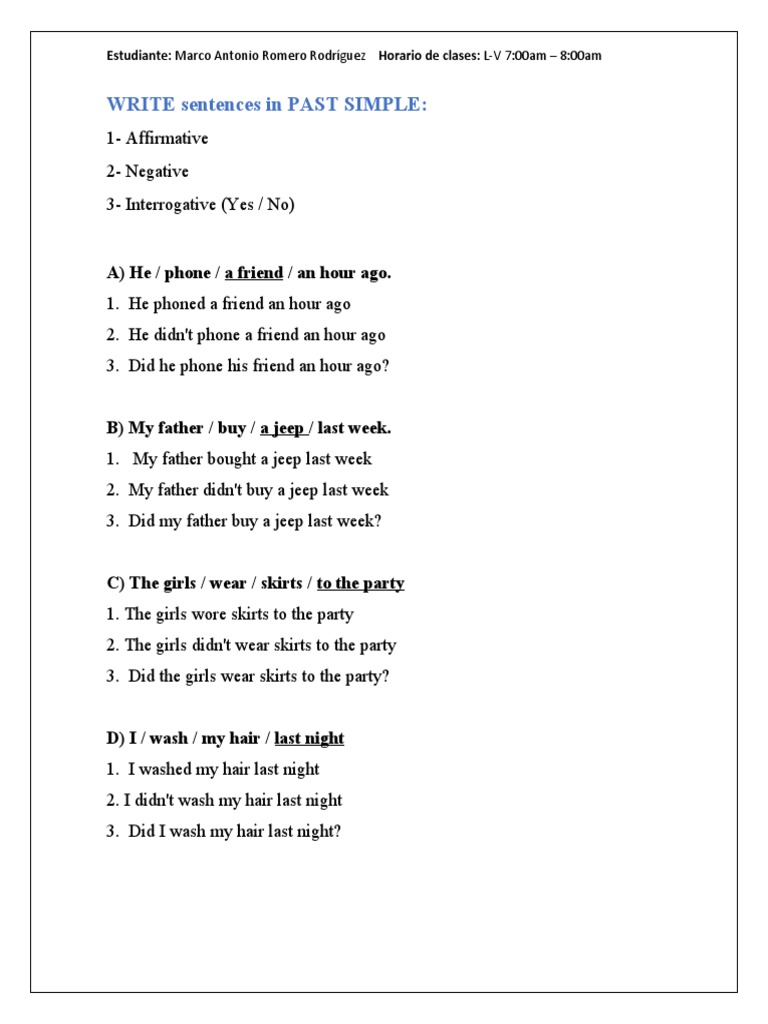 WRITE Sentences in PAST SIMPLE - MarcoAntonioRomeroRodriguez | PDF ...