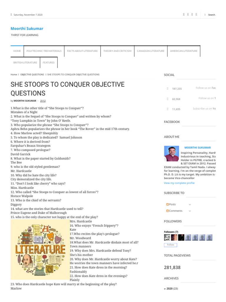 She Stoops To Conquer Objective Questions | PDF