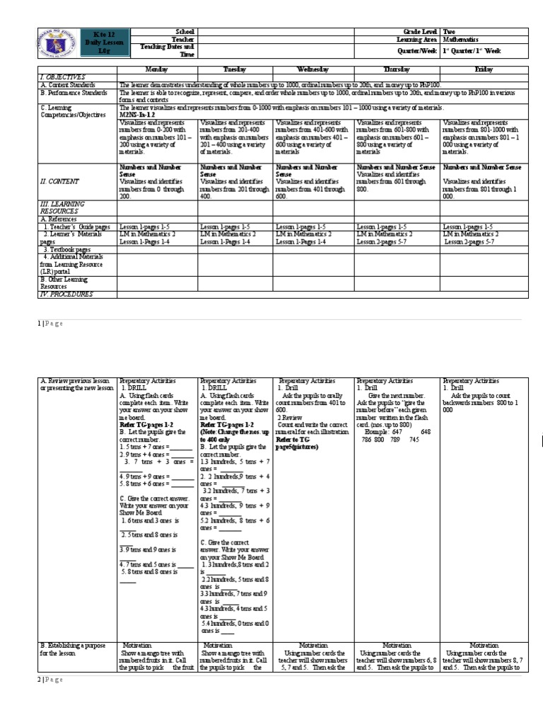 Grade 2 Math Lesson Plan: Week 1 | PDF | Teaching | Communication