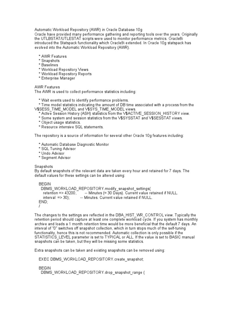 AWR Overview in Oracle Database 10g | PDF | Oracle Database ...
