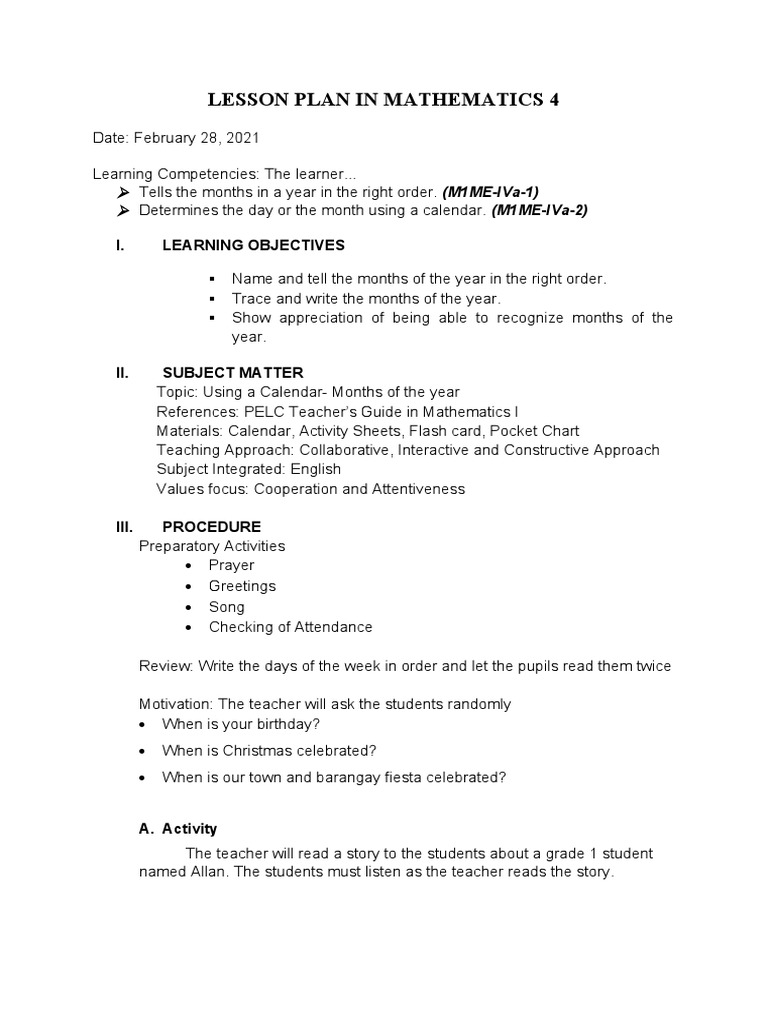 Lesson Plan in Mathematics 4 | PDF | Lesson Plan | Teachers