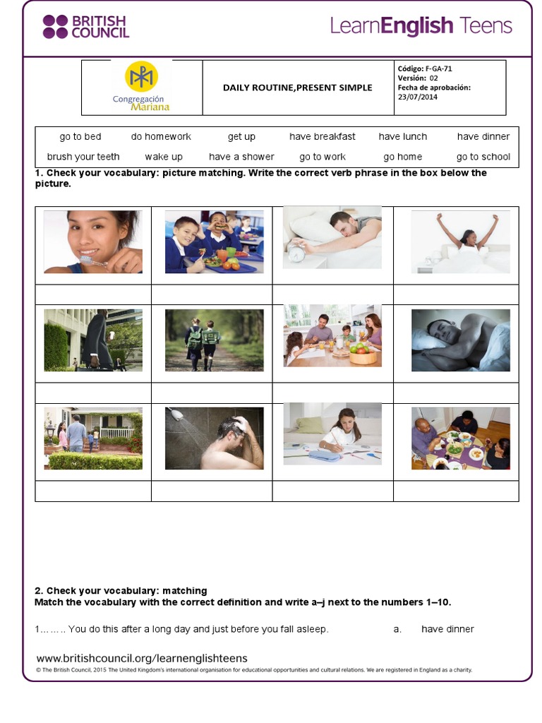 Daily Routine Vocabulary Activities | PDF | Lunch