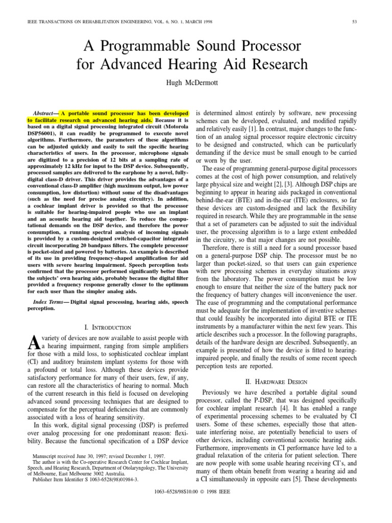 A Programmable Sound Processor | PDF | Hearing Aid | Digital Signal ...