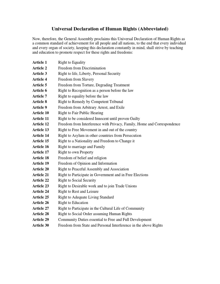 Abbreviated Universal Human Rights List | PDF
