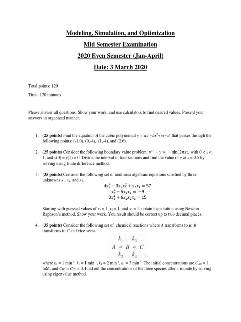 Modeling, Simulation, and Optimization Mid Semester Examination 2020 ...