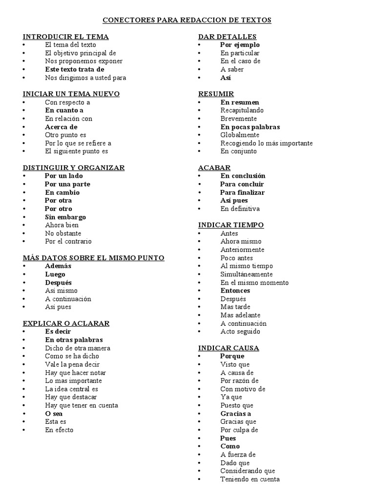 CONECTORES PARA REDACCION DE TEXTOS