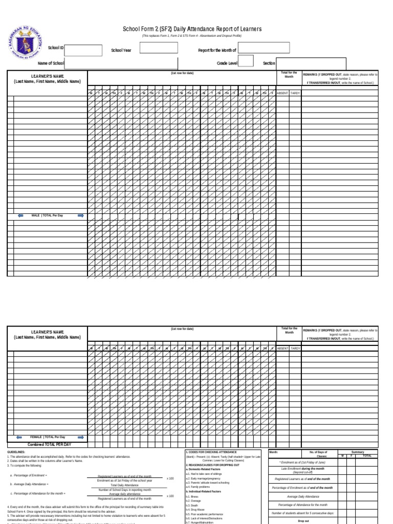 SF 2 Daily Attendance | PDF | Human Nature | Human Development