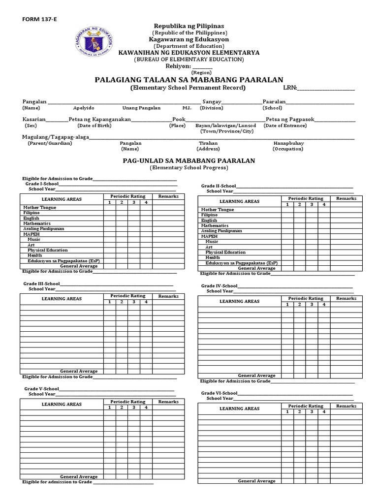 Elementary School Permanent Record Form | PDF | Psychological Concepts ...