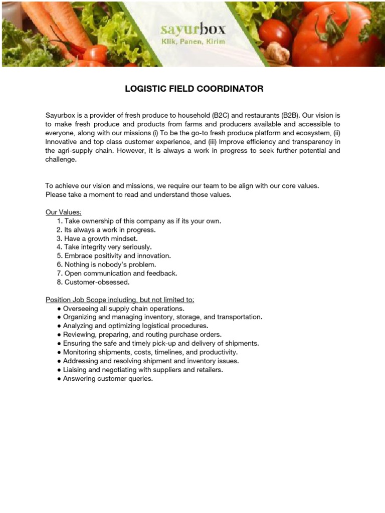 Logistic Field Coordinator Job Description PDF Logistics Supply