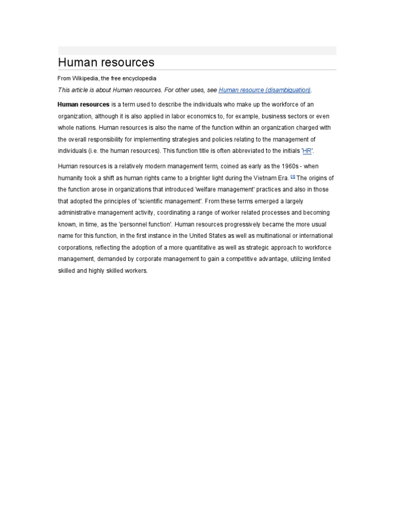 Human Resources This Article Is About Human Resources. For Other Uses
