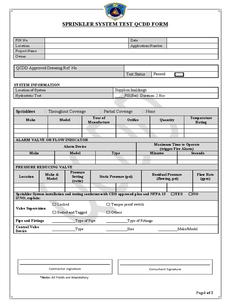 Sprinkler System Test QCDD Form PDF Fire Sprinkler System Valve